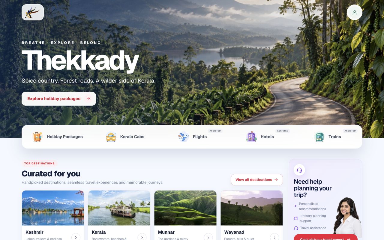 Arrival Holidays website with its destination hero and travel services