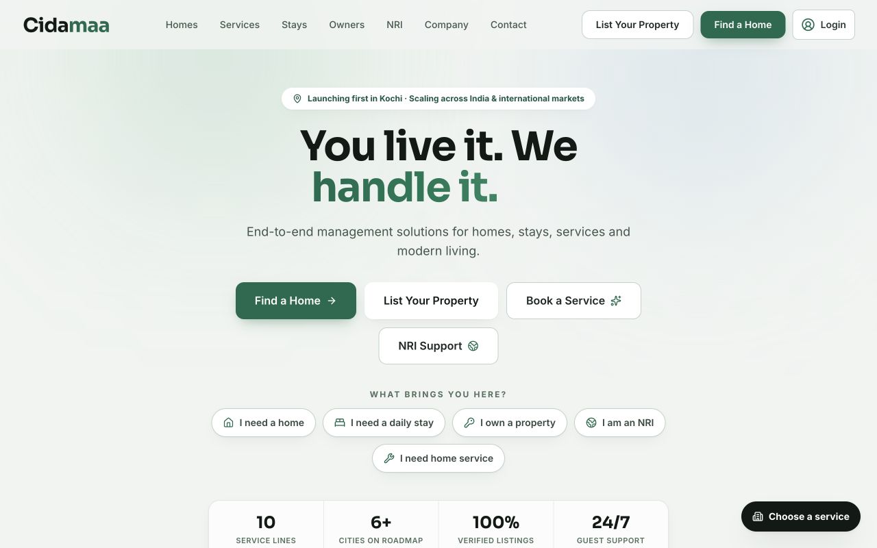 Cidamaa website showing its homes, stays and property services