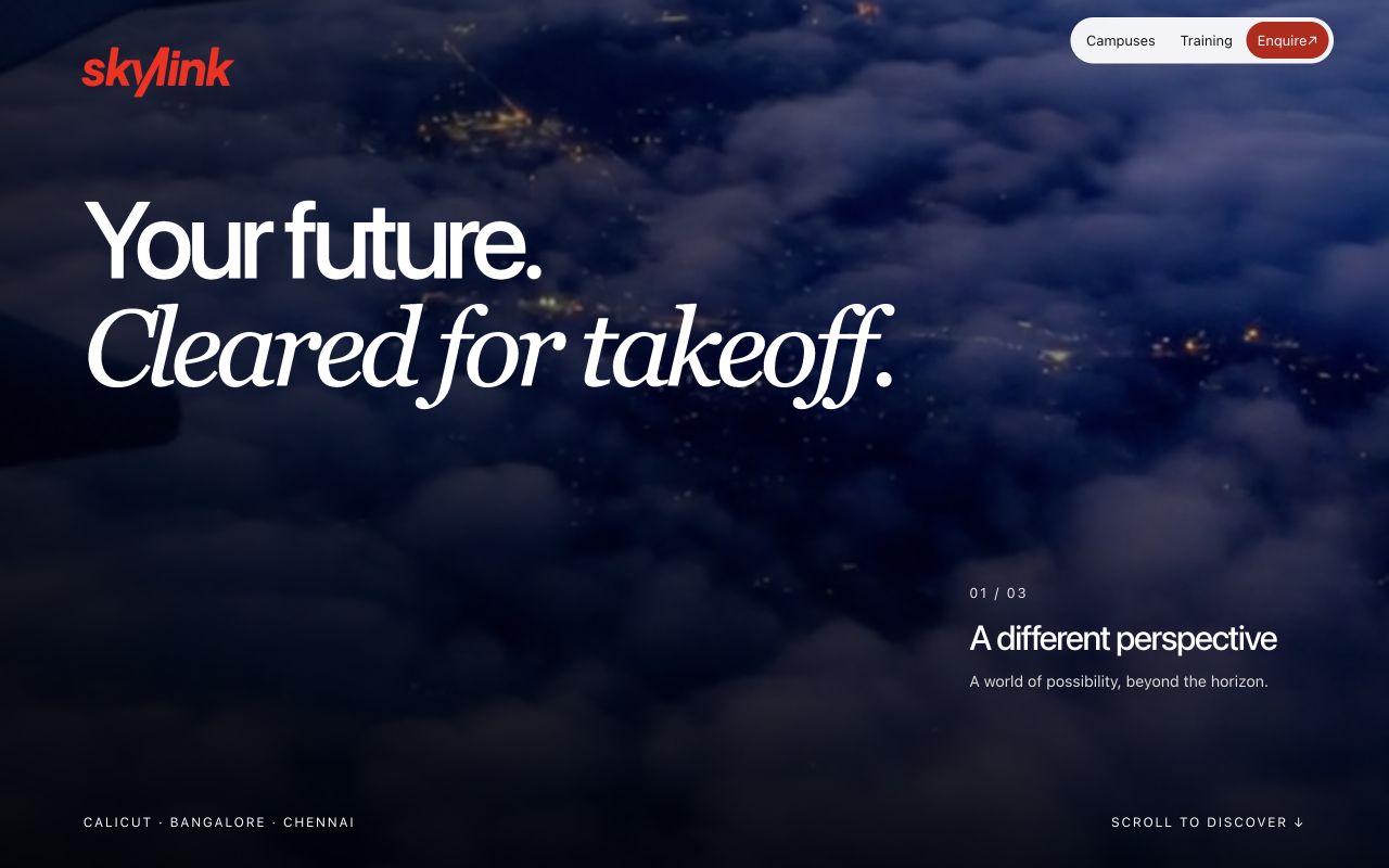 SkyLink Aviation website showing Your future. Cleared for takeoff. and its navigation